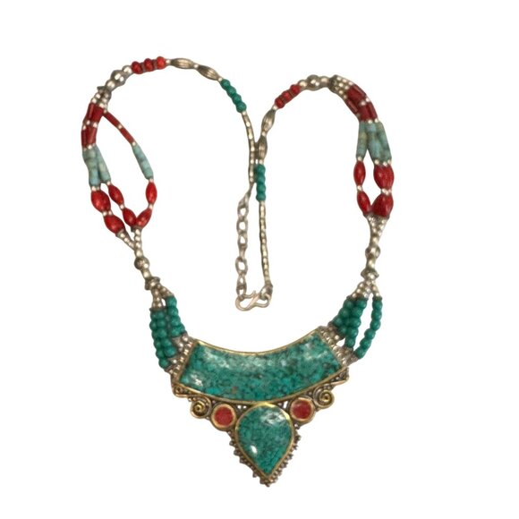 Southwestern Tribal Necklace With Red & Turquoise Howlite Stones Micro Mosaic 19 - Picture 6 of 7